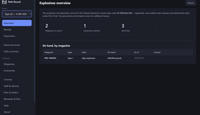 Pathbound explosives overview screen