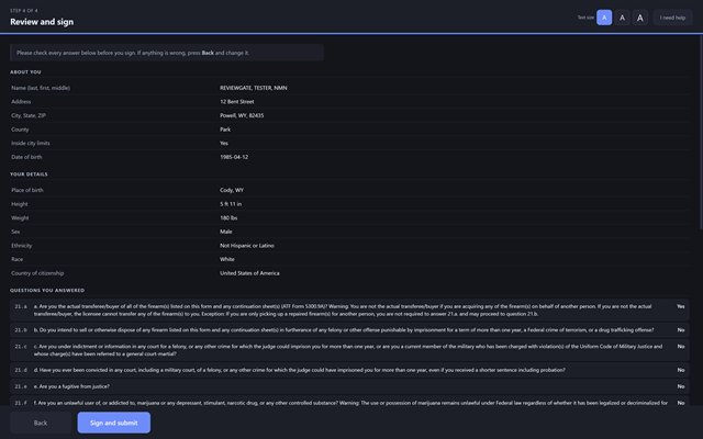 Pathbound Form 4473 review and sign screen